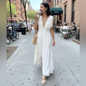 BCBG White V-Neck Marilyn Monroe Midi Dress CrissCross back Old Hollywood Style